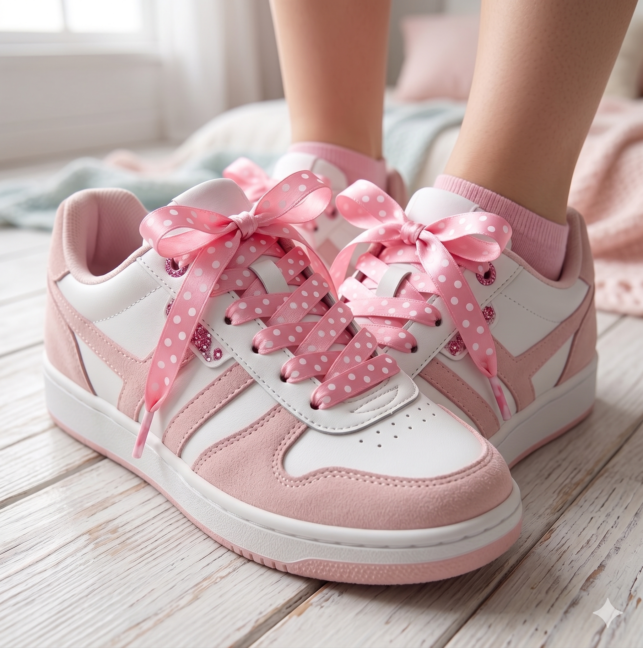 Pink Polka Dot Satin Ribbon for trainers